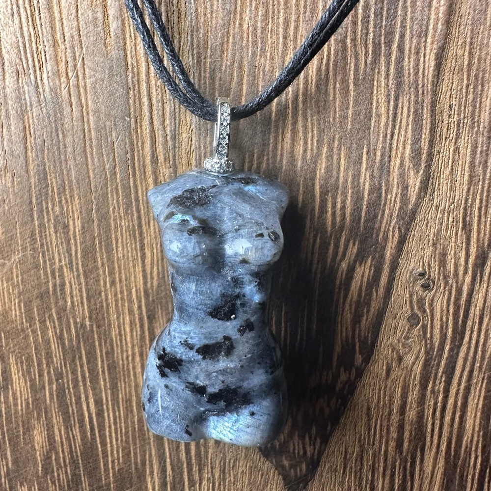 Larvikite Lady Body Carving Pendant Necklace on Black Rope; Sterling Silver Bail